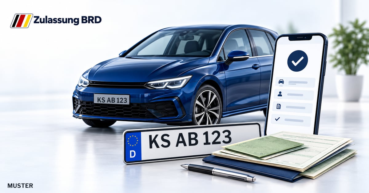 Online Fahrzeugzulassung in Vellmar: Musterkennzeichen KS AB 123, Auto und Fahrzeugpapiere und Smartphone. Illustration mit Logo von Zulassung BRD.